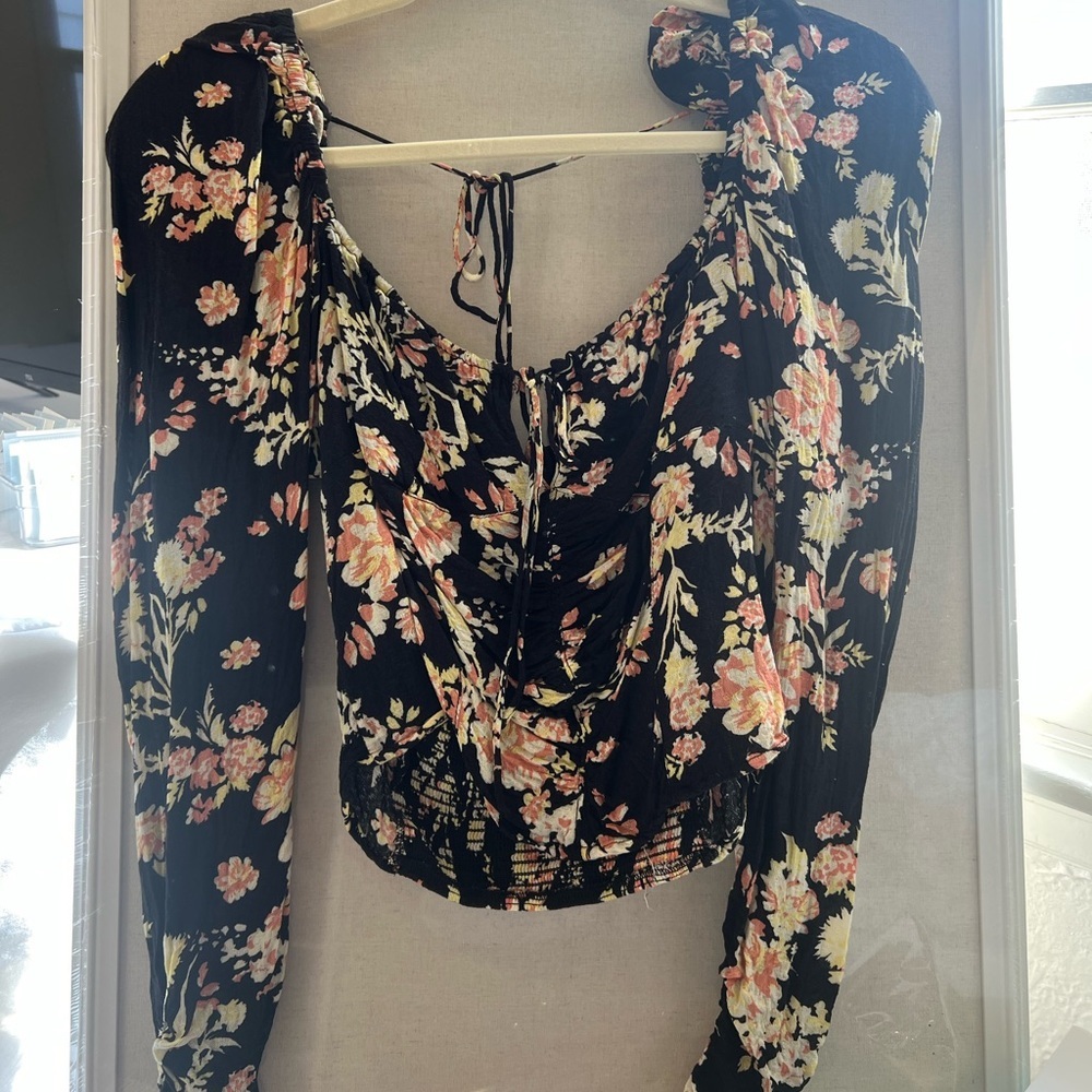 Free People Black Floral Smocked Back Long Sleeve Top - Picture 3 of 6
